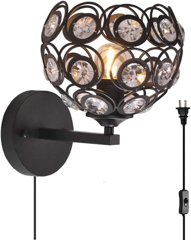 Surpars House Plug in Wall Lamp Crystal Wall Light with On/Off Switch in Line,Cord Length 70",Black