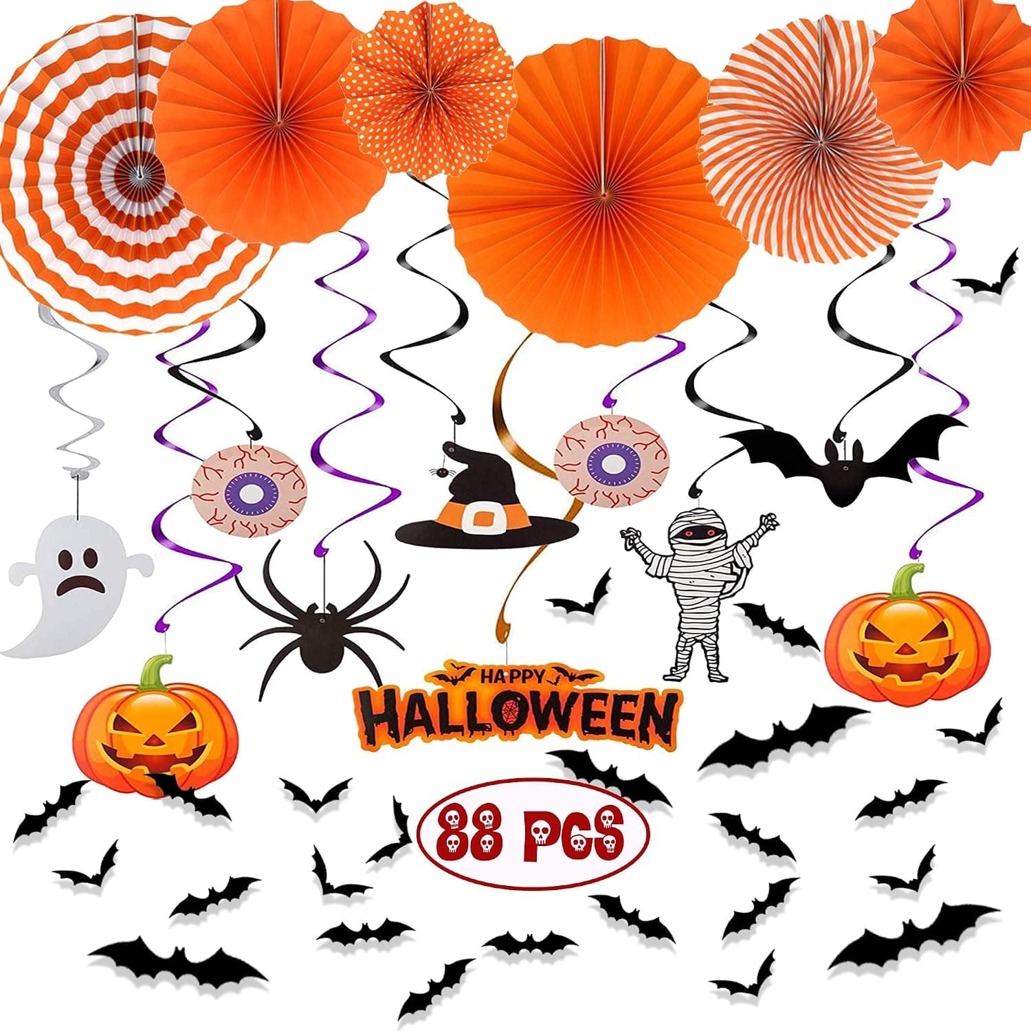 Happy Storm 88 PCS Halloween Hanging Decorations Set Halloween Party Swirl Ceiling Hanging Paper Fans 3D Bats Wall Window Decals Stickers for Home Indoor Halloween Decor Kit