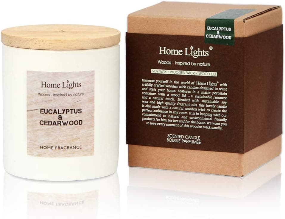 Home Lights Luxury Scented Candle, 7.19 oz, Natural Soy Wax, Home Fragrance Decor Gift, Medium Jar (Eucalyptus Cedarwood)