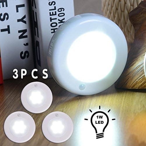 WRalwaysLX Wireless Motion Sensor Lights 1W LED Night Light Stick-Anywhere Cabinet Light for Stairs Hallway,Closet,Kitchen, Bedroom,Power by 3 x 1.5V AA Batteries (not Included),（Cold White 3PC）