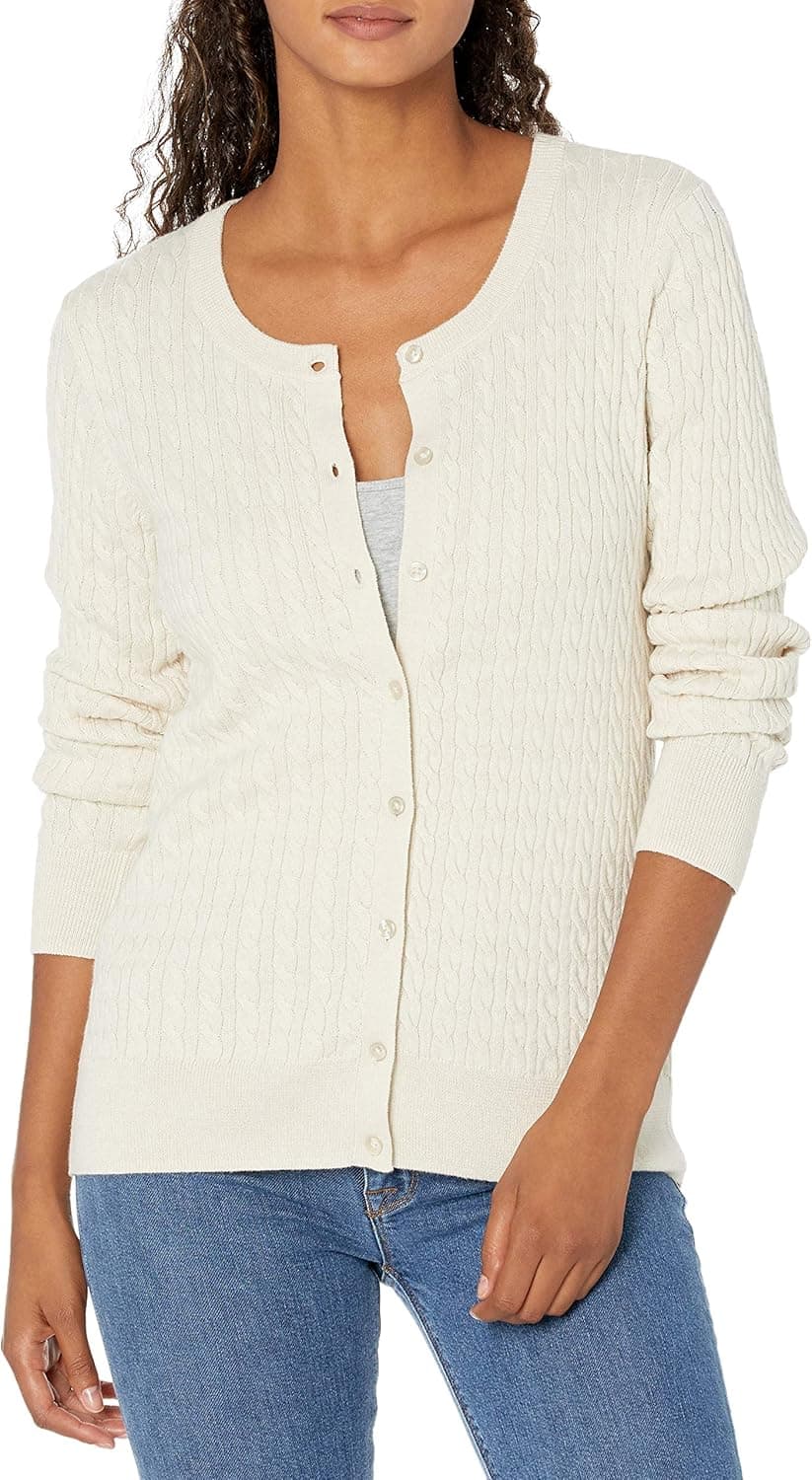 Amazon Essentials Women's Lightweight Cable Long-sleeve Crewneck Cardigan Sweater