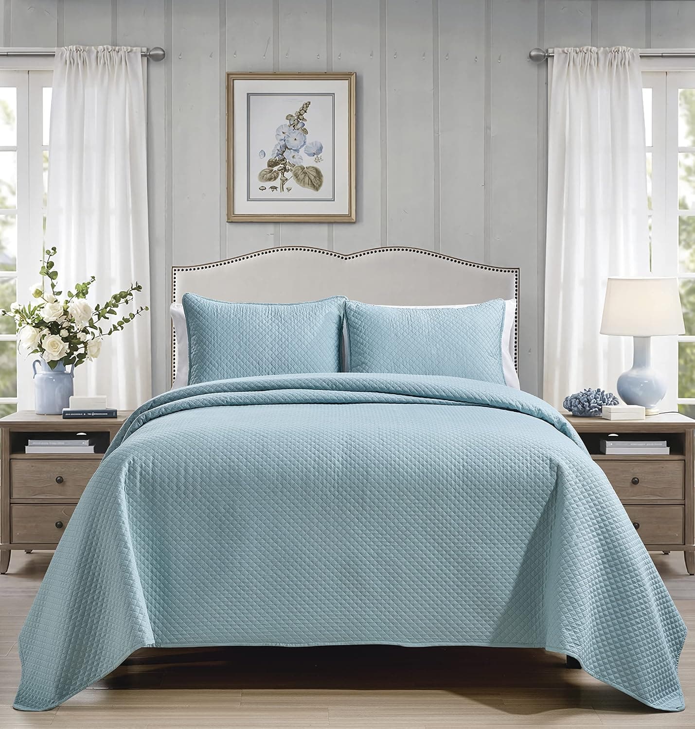Chezmoi Collection Ingrid 3-Piece Queen Oversized Bedspread Coverlet Set - Ultrasonic Diamond Lightweight Embossed Quilt (Queen, Aqua)