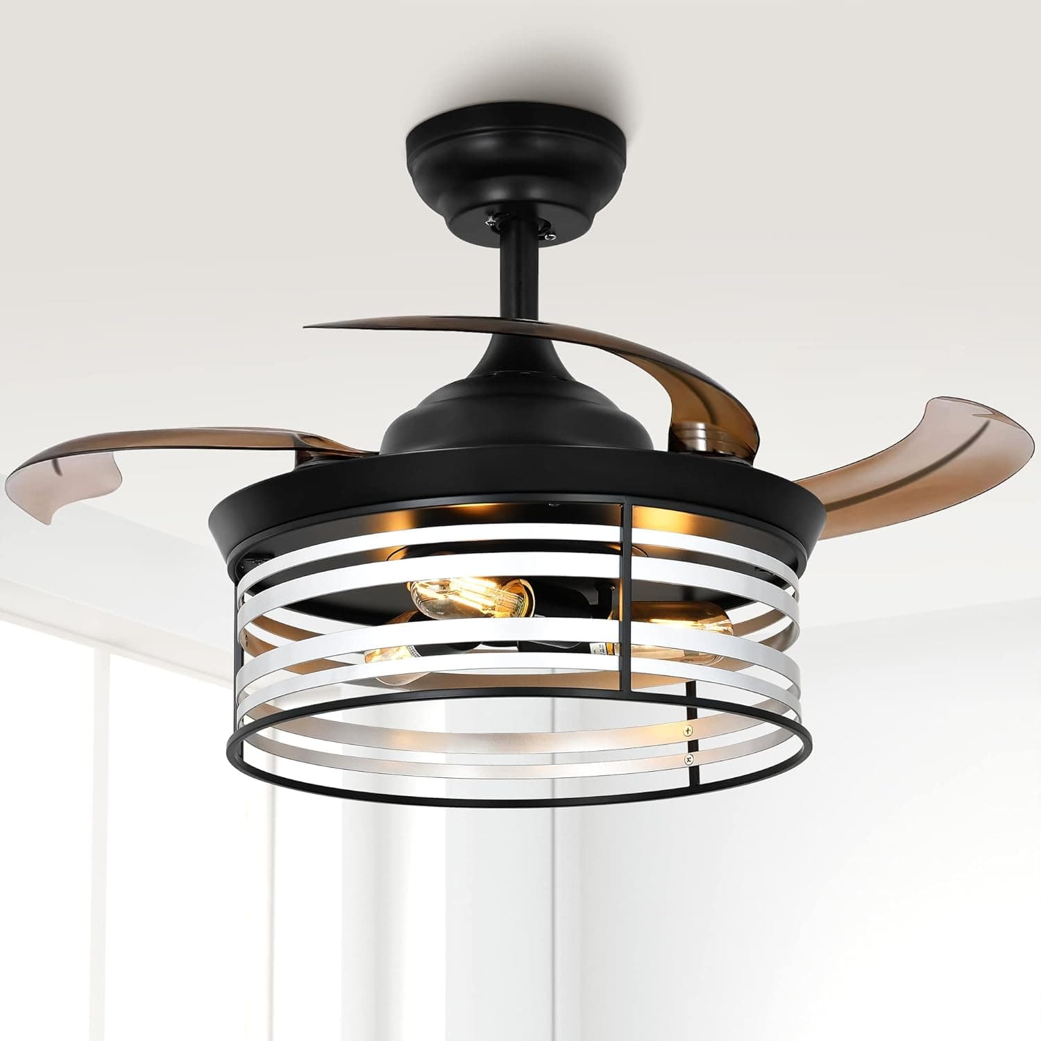 YITAHOME Retractable Ceiling Fan with Lights and Remote, 36'' Farmhouse Caged Industrial Invisible Enclosed Fan with Quiet DC Reversible Motor, 6-Speeds, 3 Bulbs, for Patio Kitchen Bedroom Living Room