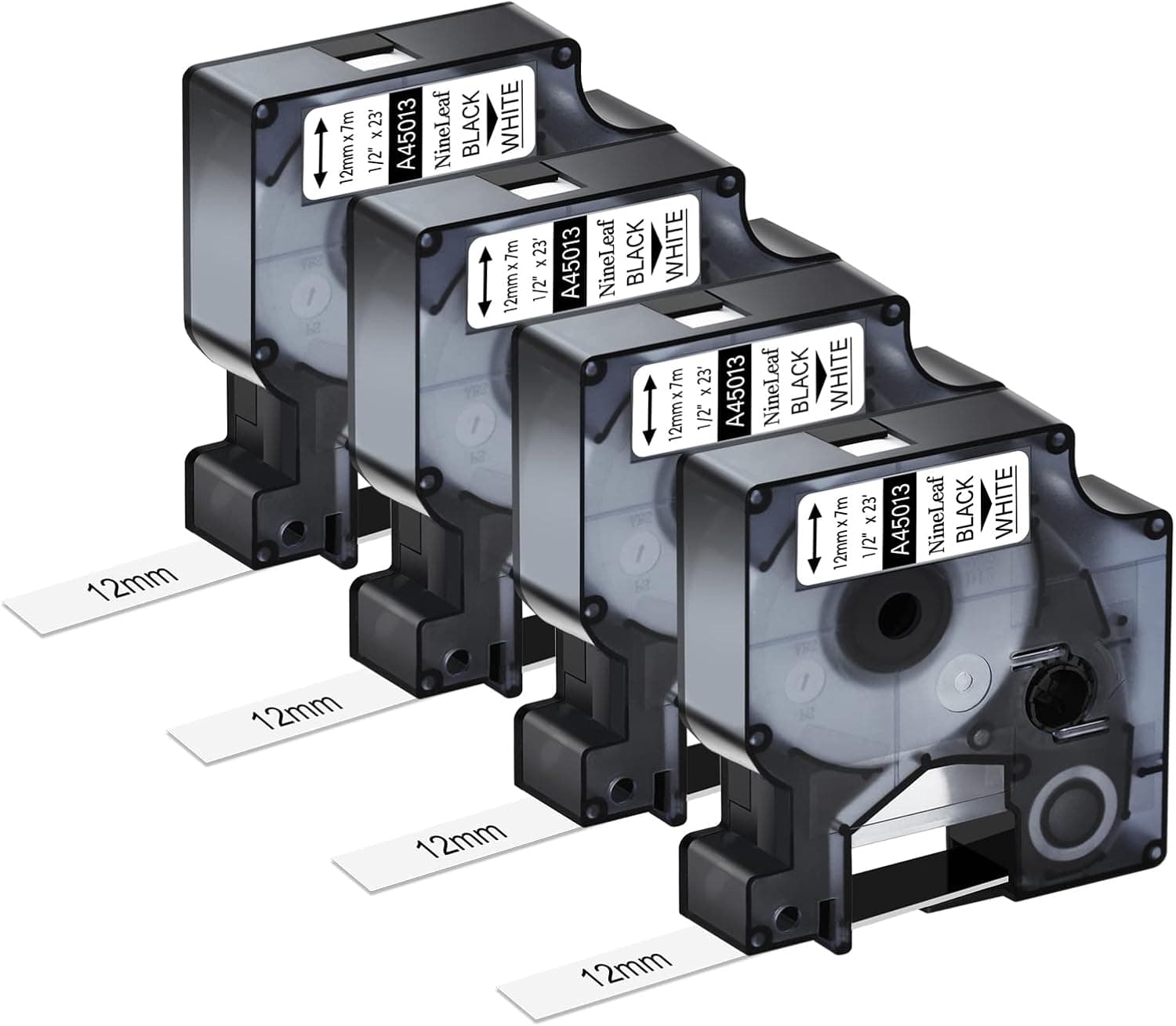 NineLeaf 4 Pack Black on White Cassettes Compatible for DYMO D1 45013 S0720530 Label Tape Replacement for LabelManager 160 280 420P PnP 220P 360D 450 210D Label Maker - 1/2 Inch x 23 Feet