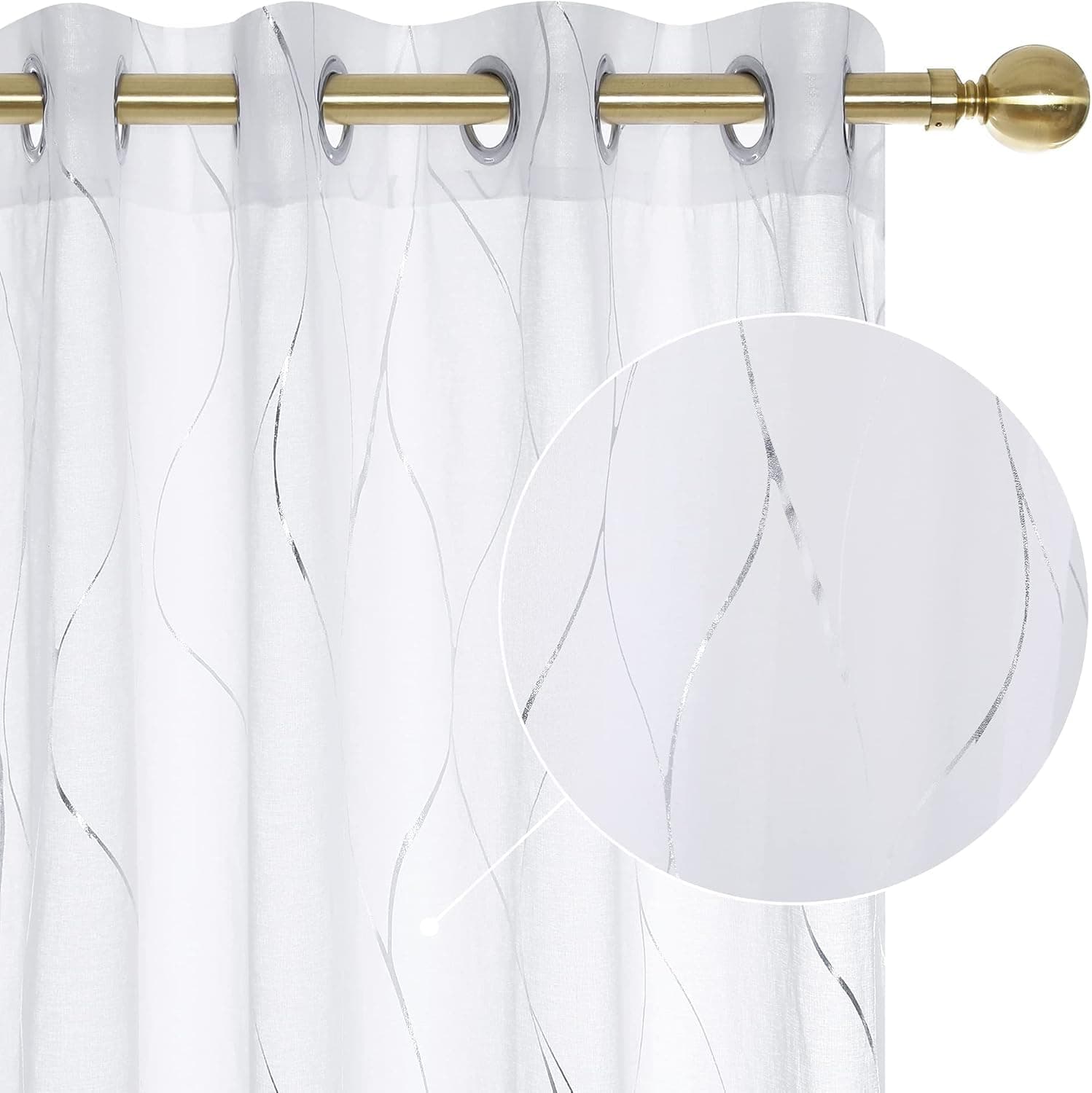 Deconovo Sheer Curtains 72 Inch Length, Silver Print Sheer Drapes, Grommet Linen Look Voile Curtains for Kids Room (52W x 72L in, White, Set of 2 Panels)