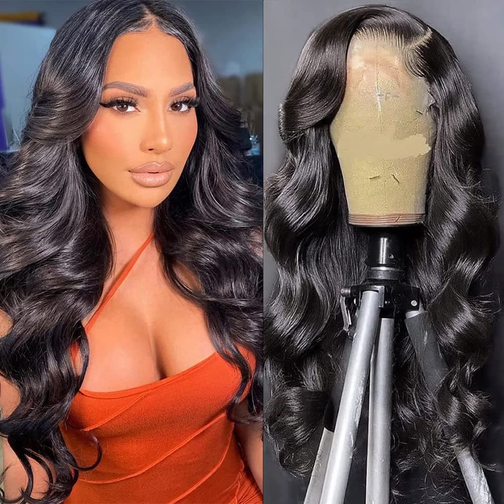 Ainmeys Hair 13x6 Glueless HD Transparent Lace Front wigs human hair 9A 180% Density Brazilian body wave deep part lace wigs Unprocessed Virgin human hair wigs for black women Pre Plucked Natural Black(20inch)