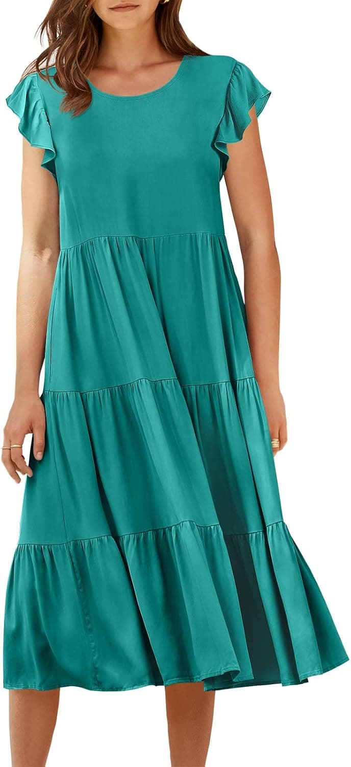 ANRABESS Women's 2023 Spring Summer Casual Short Sleeve Crewneck Tiered A Line Flowy Beach Midi Dress Pockets