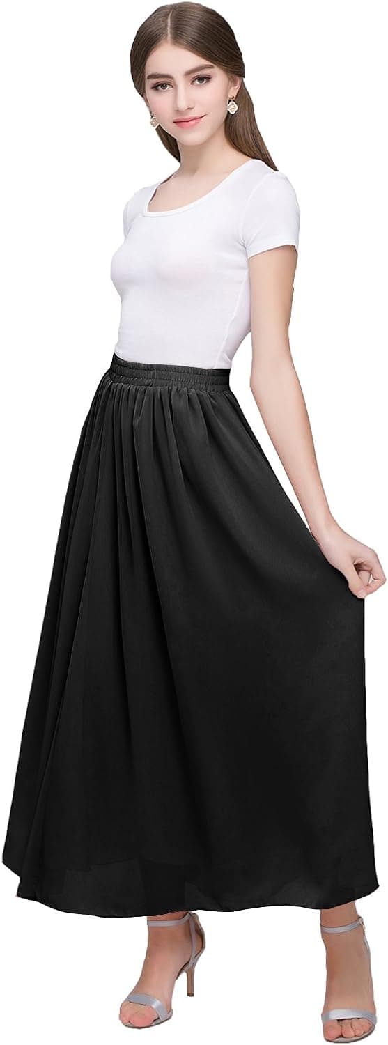 Kileyi Women's Long A Line High Elastic Waist Swing Chiffon Pleated Midi Skirt