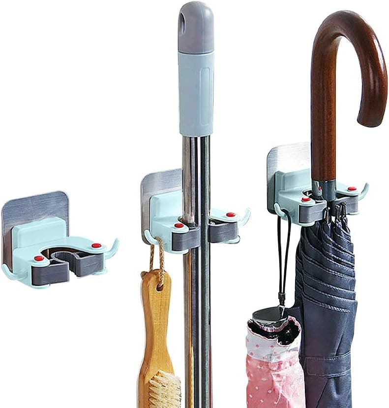 Usmascot Mop Broom Holder, Multifunction Mop Clip, Wall Mounted Broom Gripper, Tool Storage Self Adhesive Hanger Organizer Rack, Ideal for Kitchen Garden Garage Laundry and Offices (Blue, 3)
