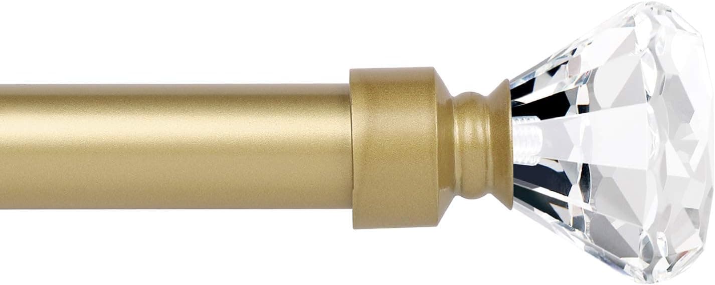 Golden Decrative Single Curtain Rod 1 Inch Diameter Adjustable Drapery Rod Extends from 48 to 86 Inches with Crystal Diamond Finials, Brass Cafe Window Rods