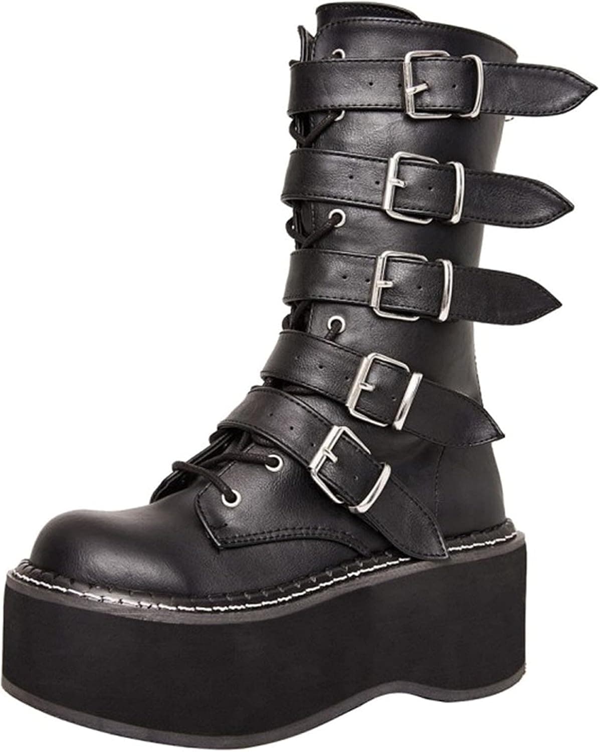 Erocalli Women Goth Platform Knee High Boots Wedges Round Toe Mid Calf Boot Multi Band Motorcycle Combat Boot