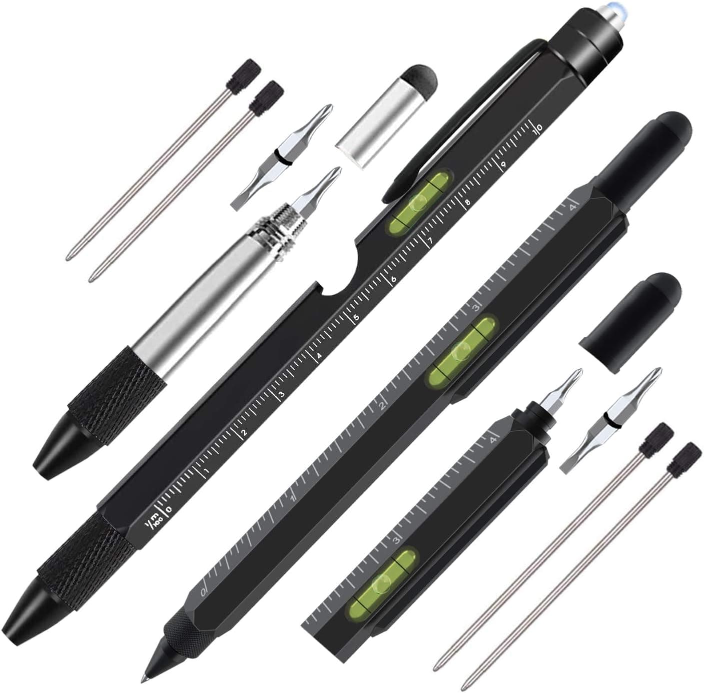 2Pcs Multi Tool Pen, Tirmrin Unique Gifts for Men, LED Light, Stylus, Ruler, Ballpoint Pen, Level, Bottle Opener, Screwdriver, Christmas, Valentines, Father's Day Cool Gadget for Him (Black)