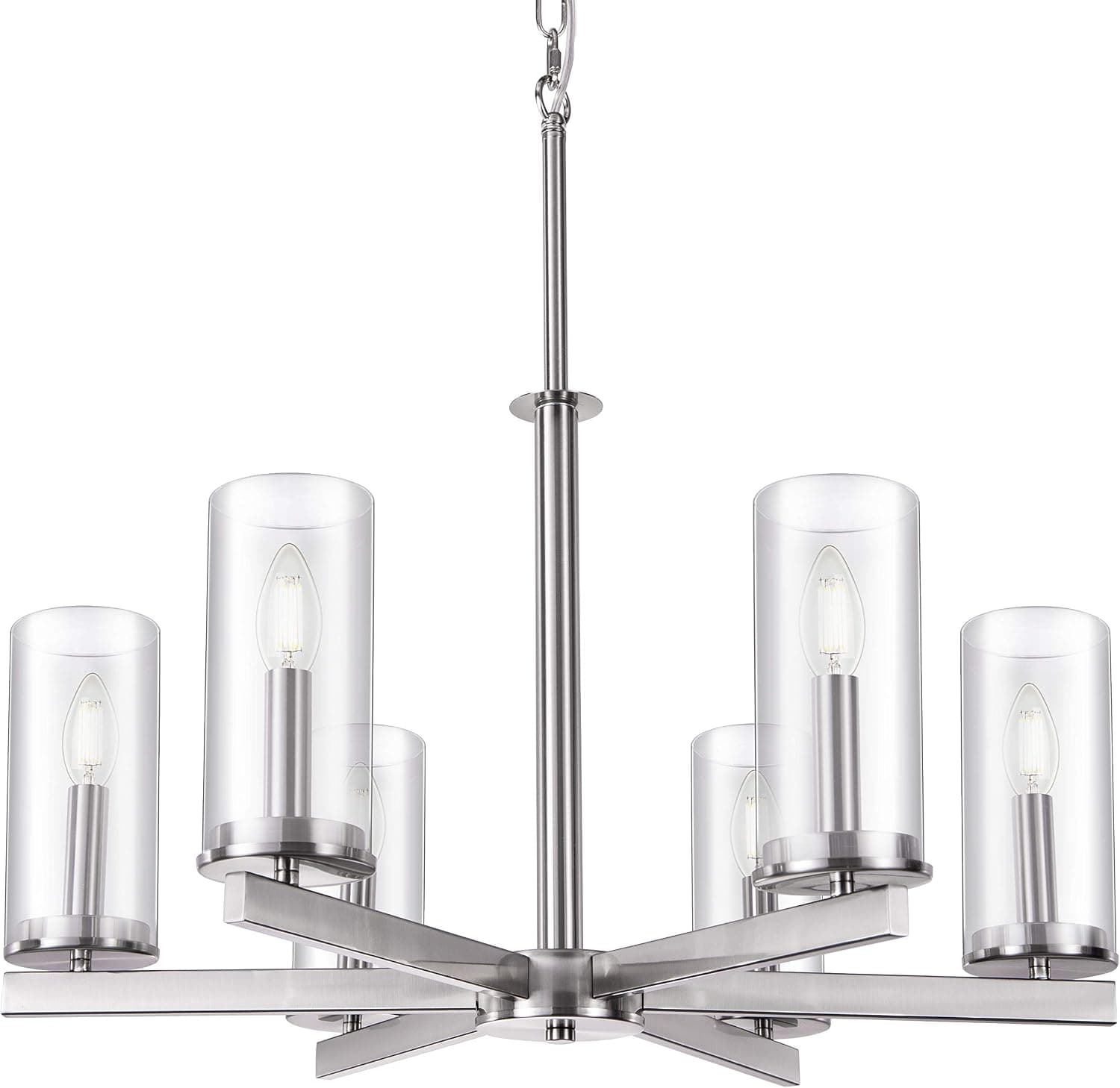 Wellmet Modern Contemporary Chandelier 6 Light, Large Glass Shades Dining Room Lighting Fixtures Hanging Adjustable Ceiling Pendant Light for Kitchen Bedroom, Nickel Finished, 26" Dia