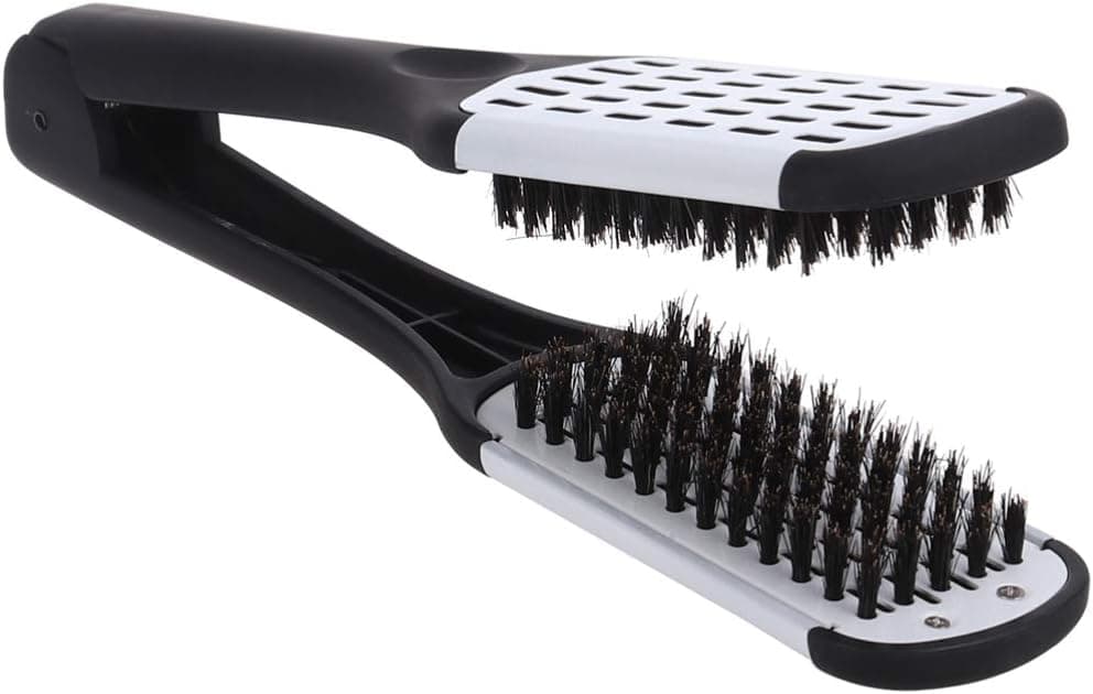 Hair Straightening Comb Styling Tools Boar Bristle Double Sided Brush Comb Clamp (Black White)