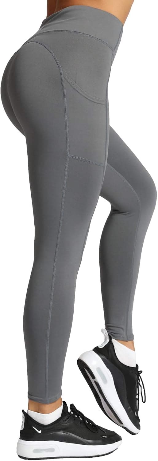 Meetjoy High Waisted Yoga Pants with Pockets for Women - Tummy Control Workout Leggings Grey