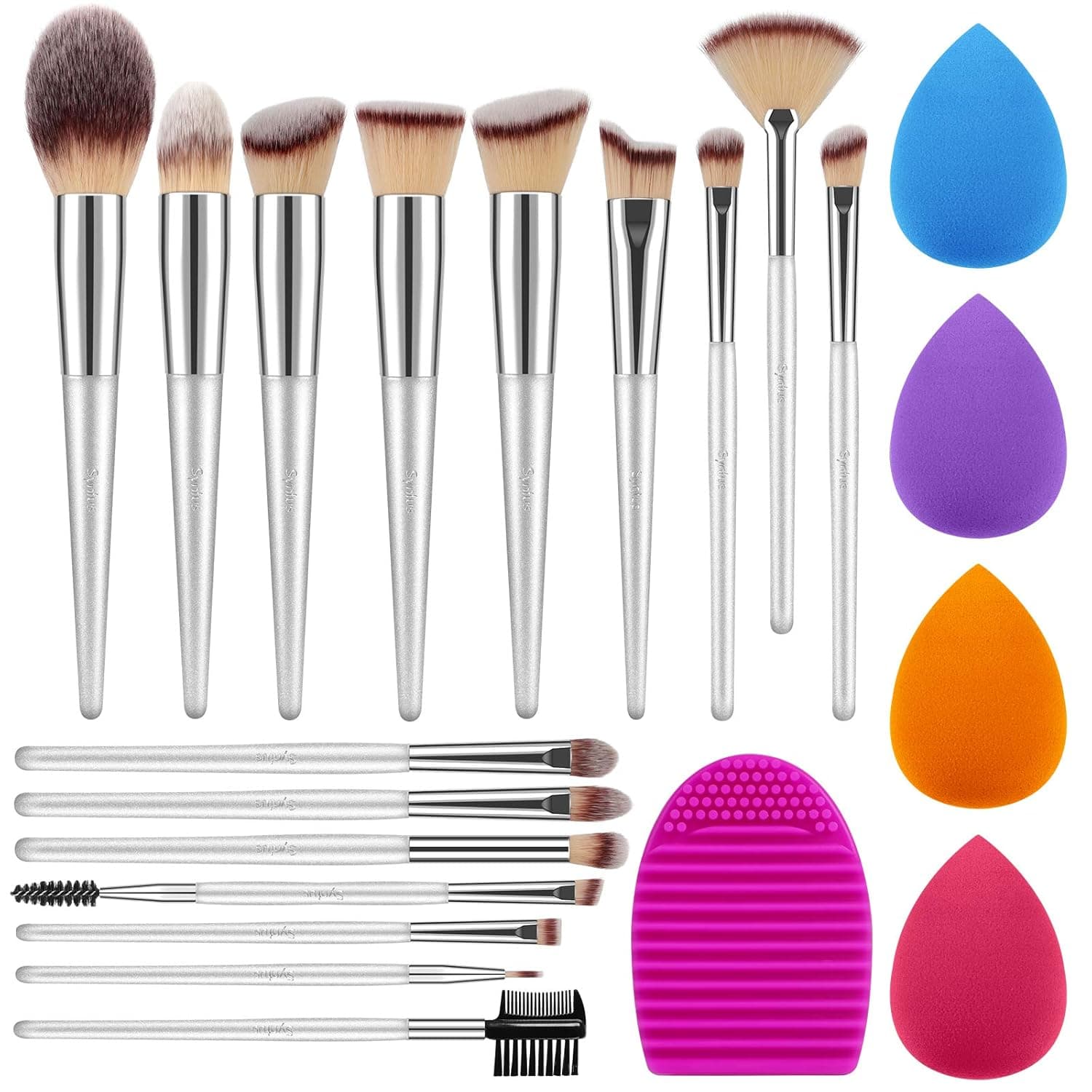 Syntus Makeup Brush Set, 16 Makeup Brushes & 4 Blender Sponges & 1 Brush Cleaner Premium Synthetic Foundation Powder Kabuki Blush Concealer Eye Shadow Makeup Brush Kit, Pure Silver