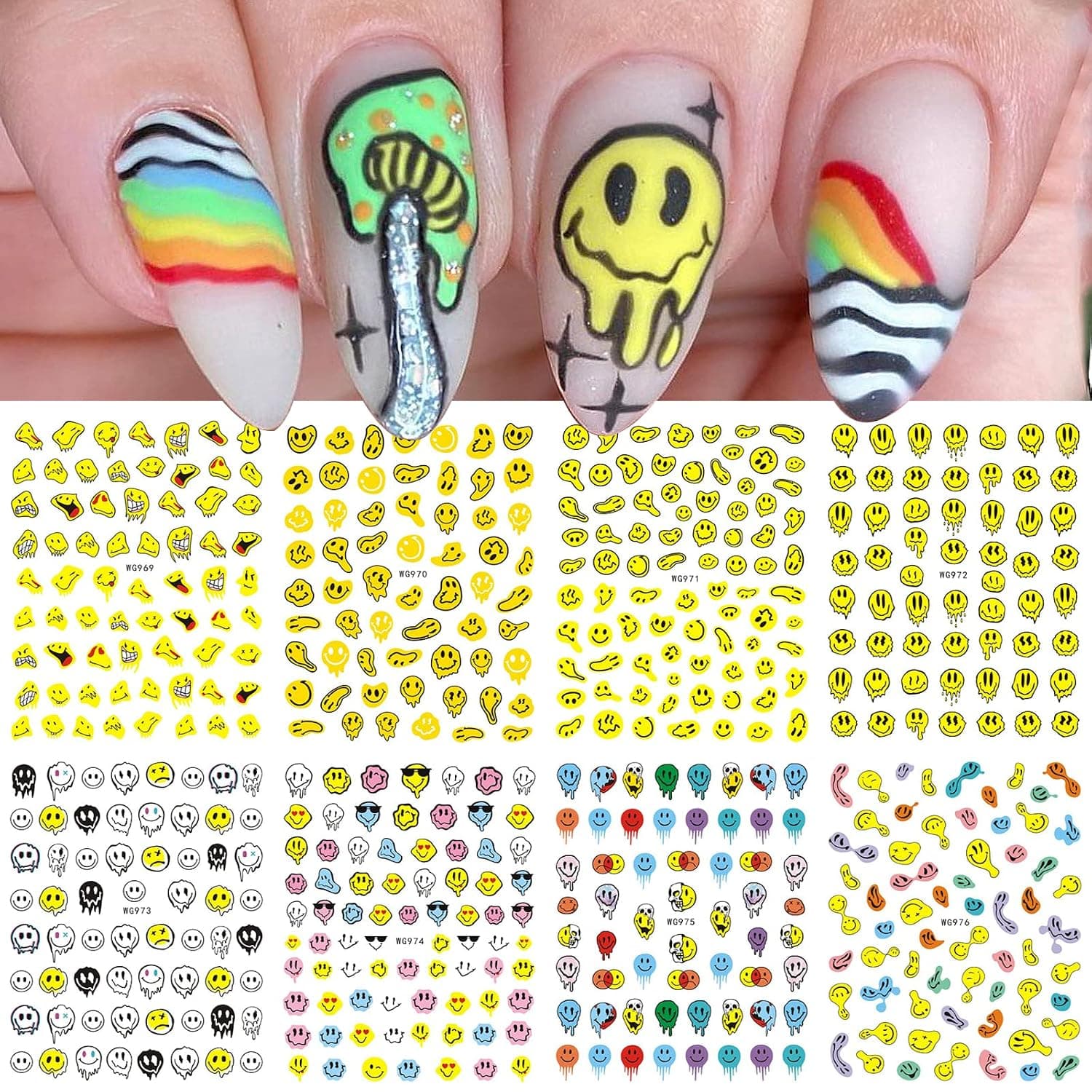 Cartoon Nail Stickers, 8 Sheets Self-Adhesive Nail Decal Cute Yellow Smile Face Nail Art Decoration Design Supplies