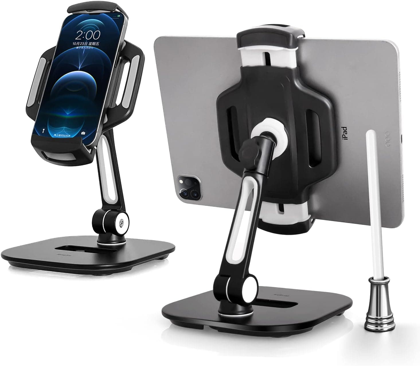 Adjustable Tablet Stand and Pencil Holders,360° Swivel iPad Stand & Phone Stand,Fits Any 5.5-12.9" Display Tablets or Cell Phones,Flexible Tablet Mount for Home Office & Commercial Desktop (Black)