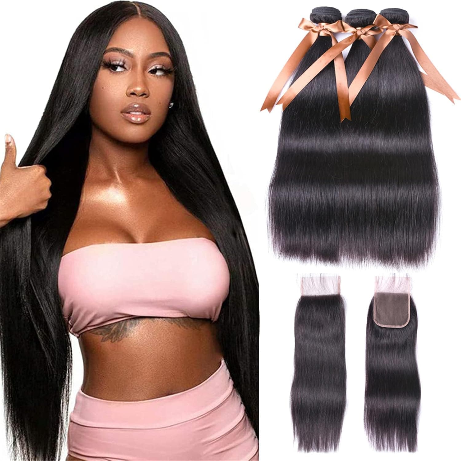 ALLRUN Straight Hair Human Hair 3 Bundles with Closure 100% Real Human Hair Straight Bundles with 4x4 Lace Closure Human Hair Extension Straight Natural Color(10 12 14+10)