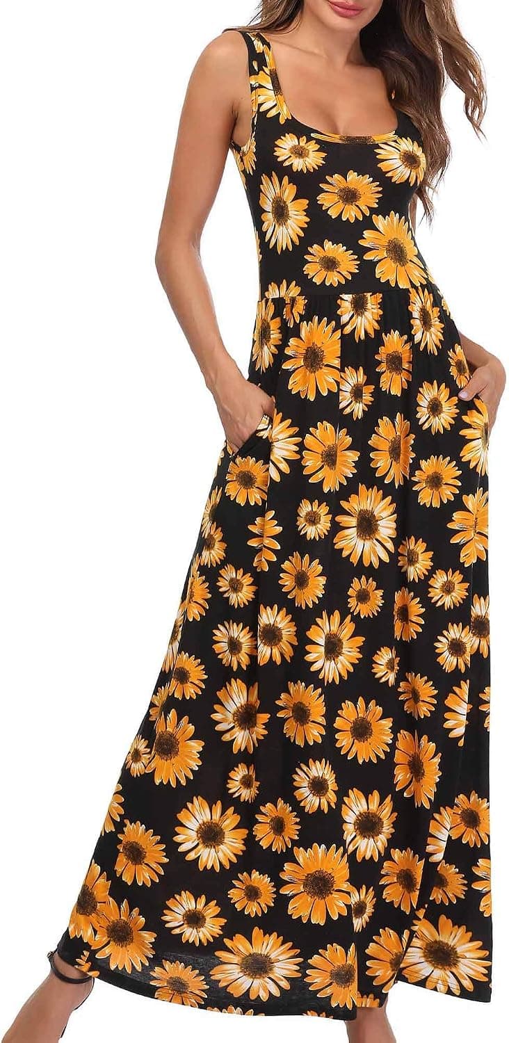 MSBASIC Summer Maxi Dress Floral Dress for Women Sunflower S