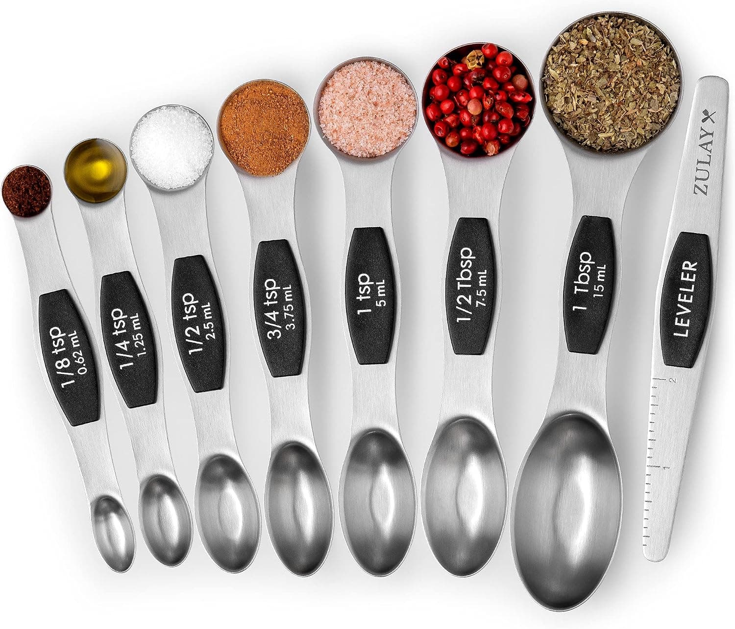 Zulay Kitchen Stackable Magnetic Spoons Set of 8 - Dual Sided Magnetic Measuring Spoons Set Fits In Spice Jars - Stainless Steel Measuring Spoons Magnetic For Dry and Liquid Ingredients (Black)
