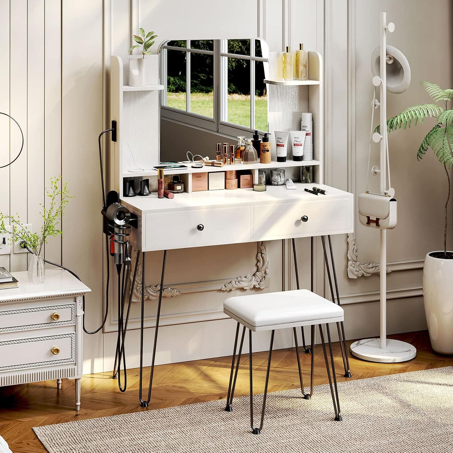 TC-HOMENY Makeup Vanity Set with Power Strip, Vanity Desk with Mirror, Drawer, Chair for Bathroom, Bedroom, Make-Up Organizer Easy Assembly Furniture Fashion White