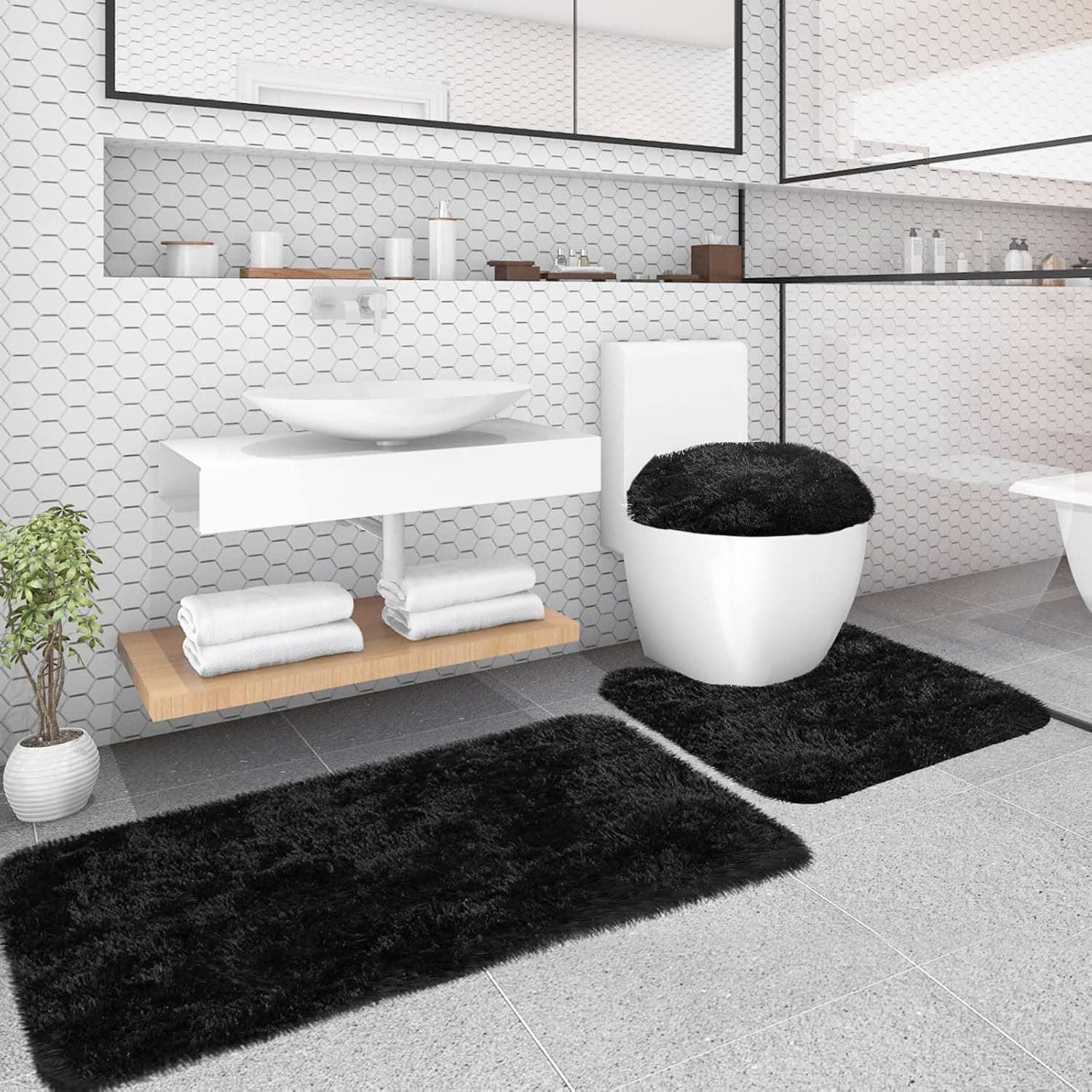 Sunhop Bathroom Rugs Sets 3 Piece, Black Toilet Seat Cover and Rug Set, Super Plush Soft Water Absorbent Runner Rugs, Bath Mats for Bathroom Non Slip, Machine Washable, Black Bathroom Rug Set