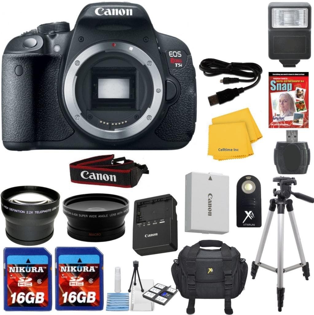Canon EOS Rebel T5i Digital SLR Body Only Celltime Exclusive Bundle with High Definition U.V. Filter + Wide Angle and Telephoto Auxiliary Lenses + Deluxe Camera Case + 2pcs 16GB Class 10 Memory Cards + 15pc Accessory Kit