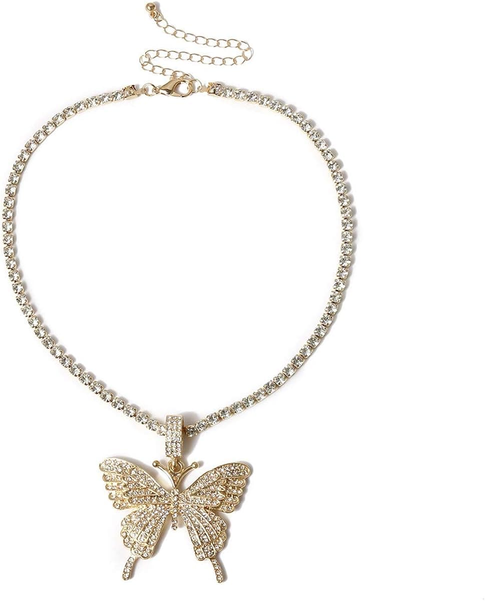 Statment Big Butterfly Pendant Necklace Rhinestone Chain for Women Bling Silver Chain Crystal Choker Necklace Jewelry