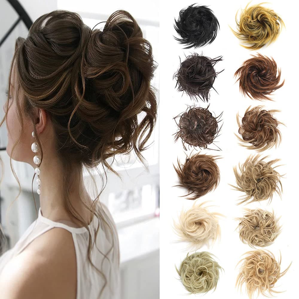 Newluyang Tousled Updo Messy Bun Hair Piece Hair Extension Wavy Curly With Elastic Rubber Band Hairpiece Synthetic hair Scrunchies Hairpieces for Women(85H88.Natural Blonde Mix Light Bleach Blonde).