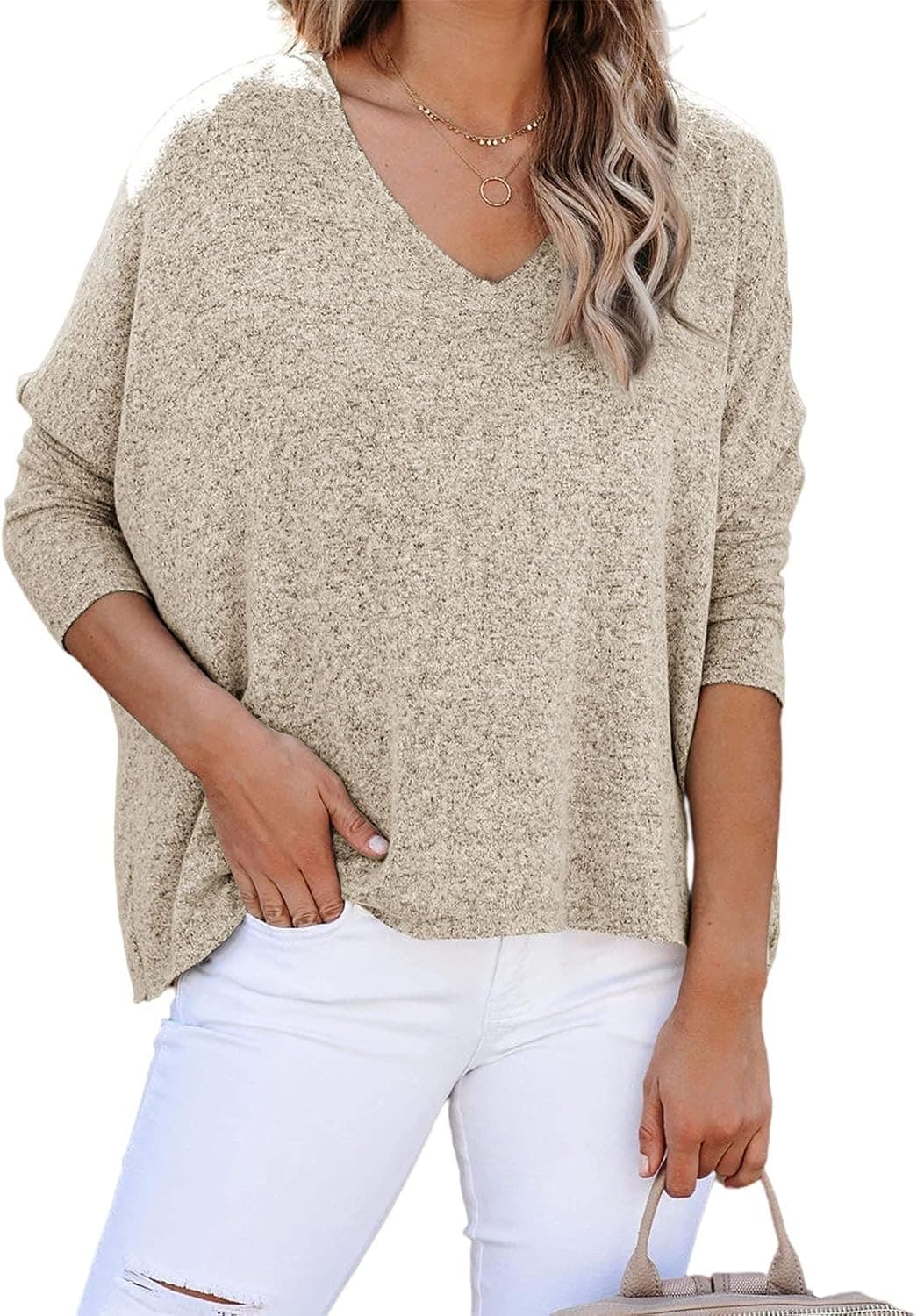 Satoys Womens Blouse Long Sleeve Fall Shirts Casual V Neck Winter Tops Loose Solid Color Trendy Summer Sweatshirt 2023 New