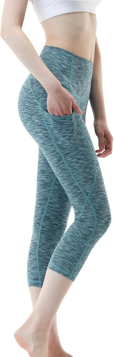 TSLA Women High Waist Yoga Pants with Pockets, Tummy Control Yoga Capris, Stretch Workout Leggings, Capris Pocket Yoga Spacedyeblue, Small