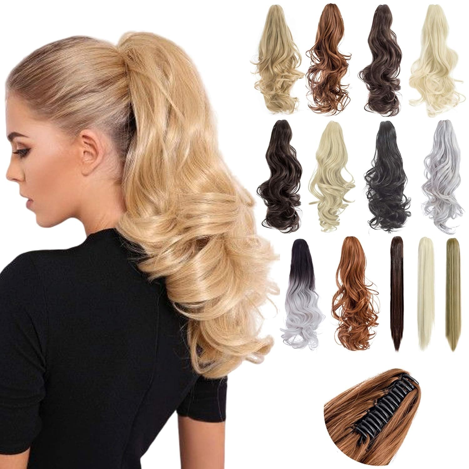 Hebelin Ponytail Extensions 18'' 21'' Claw Jaw Clip in One Piece Curly Straight Cute Synthetic Hairpiece