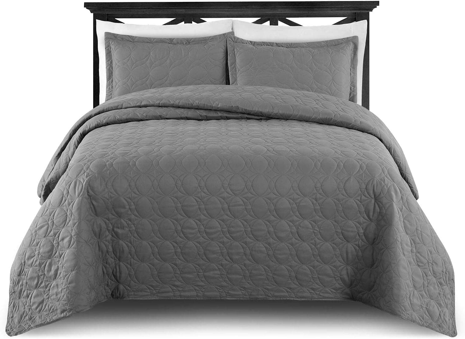 M Fabulous Oversize Light Weight Stitched Bedspread Coverlet Set, 1 Quilt and 2 Pillow Shams, Dark Gray, Fits King or Cal King Mattress