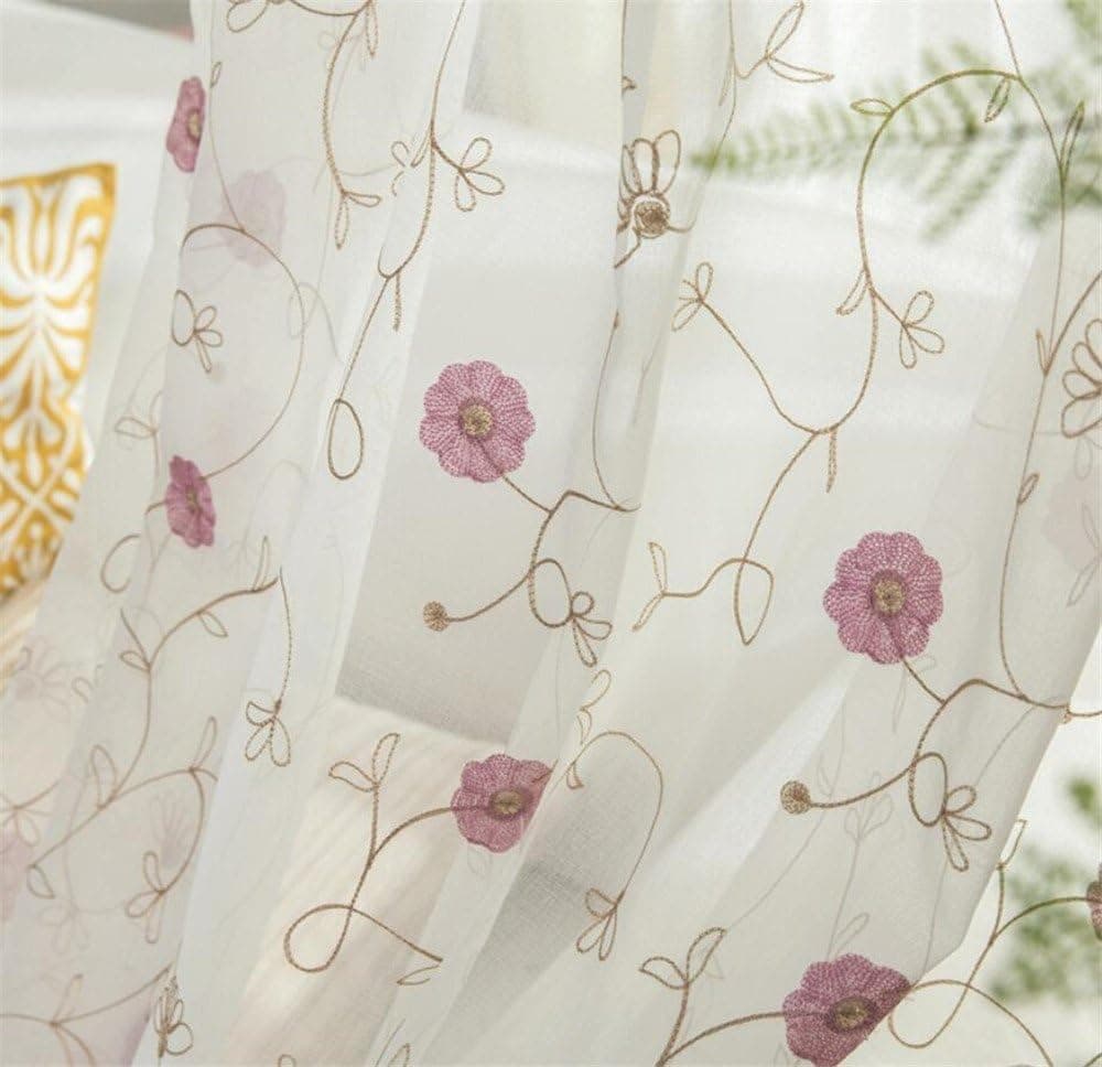 eTRY Purple Rustic Daisy Sheer Curtains Embroidered Floral Voile Curtains for Living Room Faux Linen Window Curtains Drapes Rod Pocket 52 x 63 Inch 1 Panel