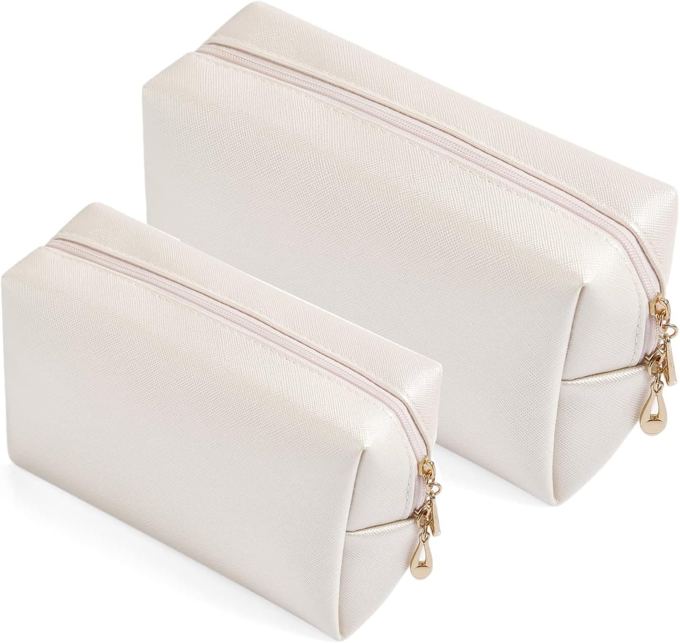 Sohynca 2pcc set PU Leather Cosmetic Bag for Women Minimalism Makeup Bag for Daily Use Portable Storage Purse Small Neat Cosmetic Pouch Water-resistant Toiletry Bag for Travel (Ivory White)