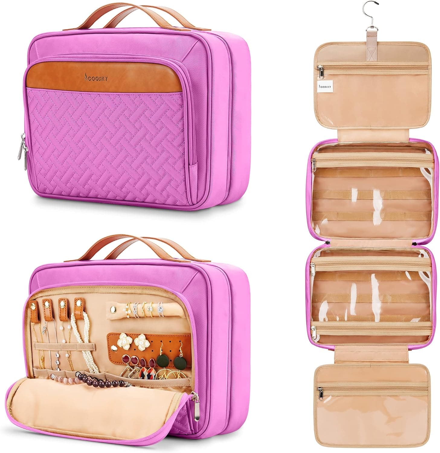 Travel Hanging Toiletry Bag for Women, Holds Full-Size Shampoo, with Jewelry Organizer Compartment, Extra Large Makeup Bag, Waterproof Cosmetic Bag, Toiletries Kit Set with Trolley Belt, Purple