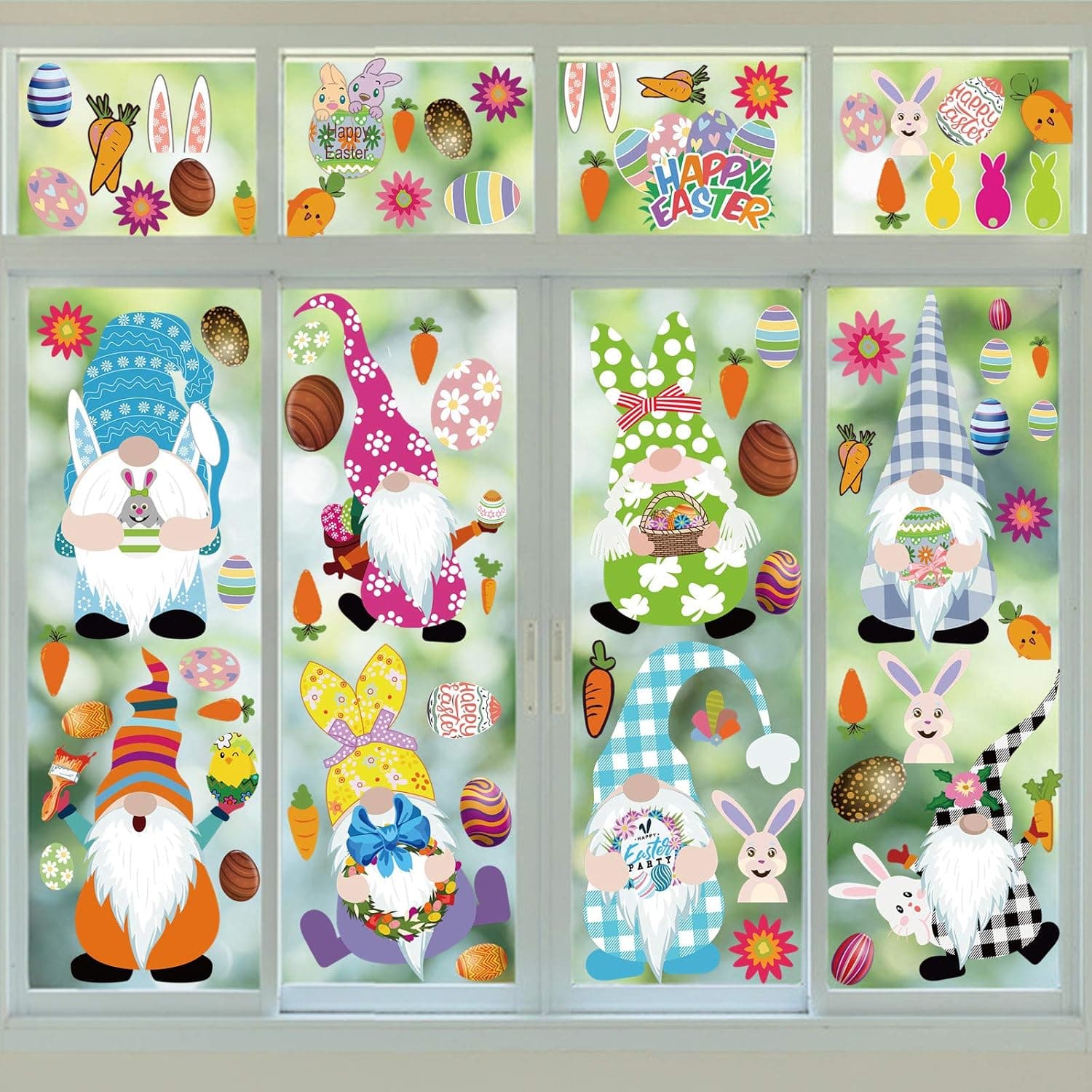 Stology 9 Sheets Happy Easter Window Clings, Buffalo Plaid Check Gnome Bunny Stickers Rabbit Egg Wall Decals Chick Carrot Decor, Spring Holiday Home Kitchen Office Fridge Decorations Party Supplies
