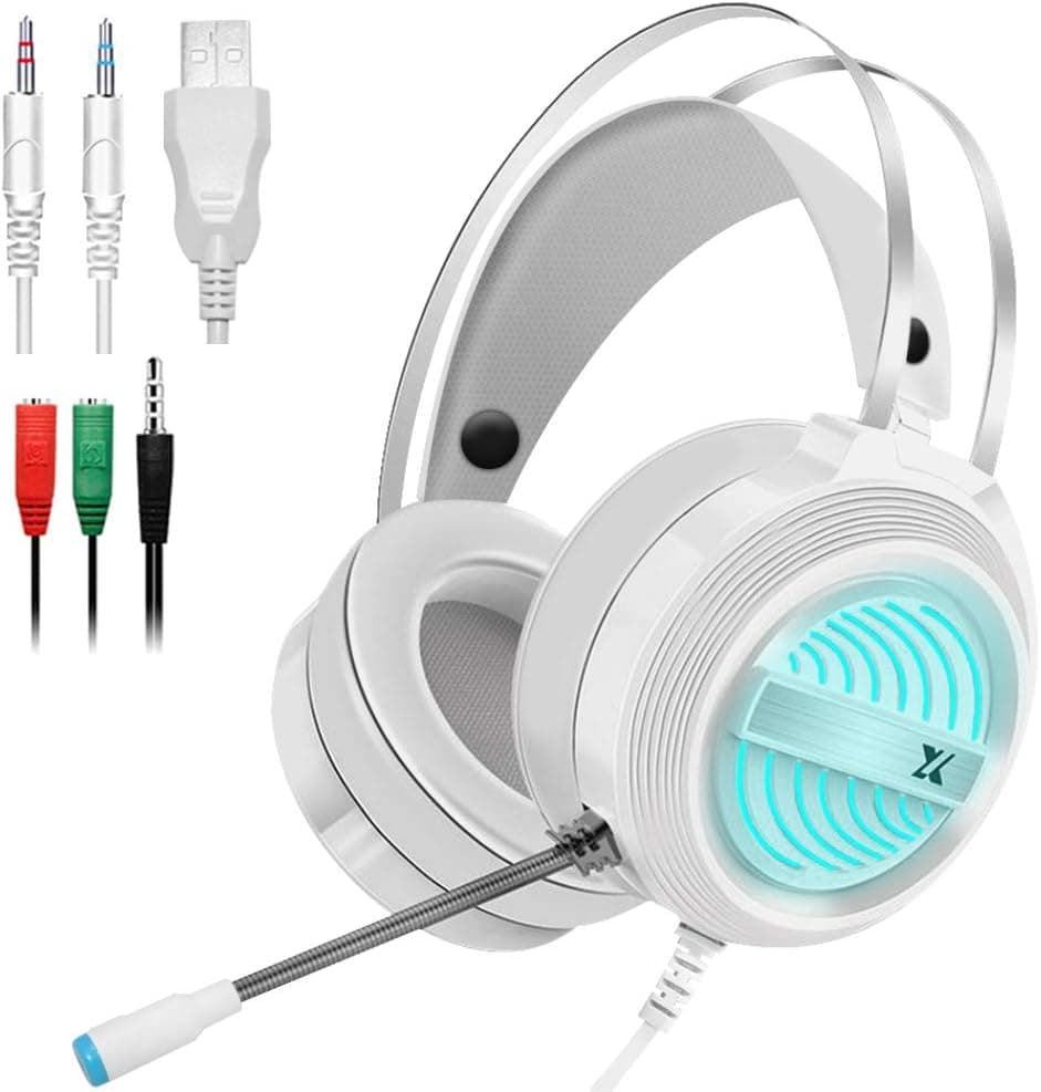 Gaming Headset with Mic and Changeable LED Light for Laptop,Computer, Cellphone, PS4 and Xbox, DLAND 3.5mm Wired Noise Isolations Gaming Headphones with Volume Control-White