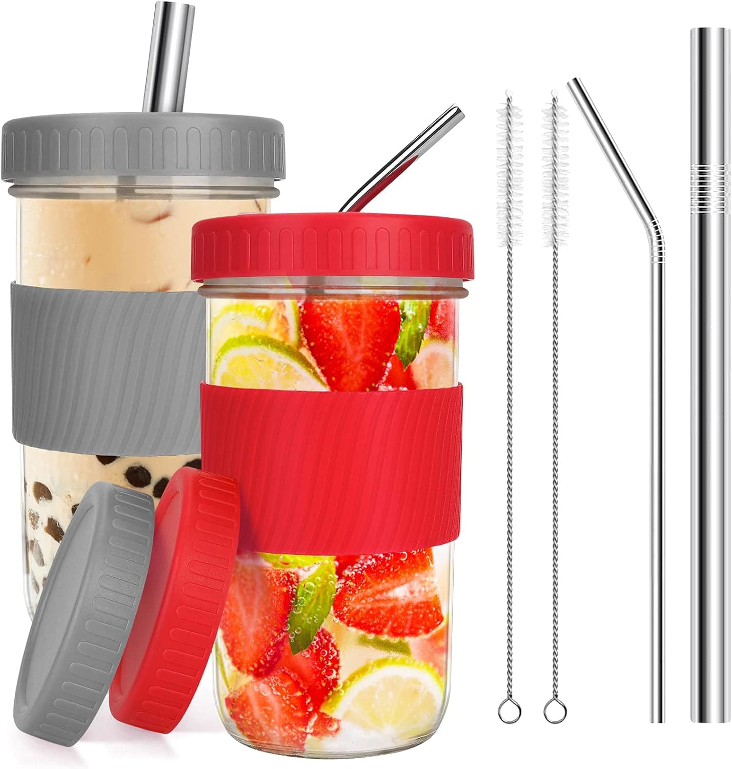 Wide Mouth Mason Jars Cups 2 Pack Reusable Smoothie Cups with Lids and Straws Boba Cup Large Glass Tumbler Mason Jar Sippy Cup Travel Mug Food Storage Container for Smoothie Juices Jam Boba Tea, 22oz