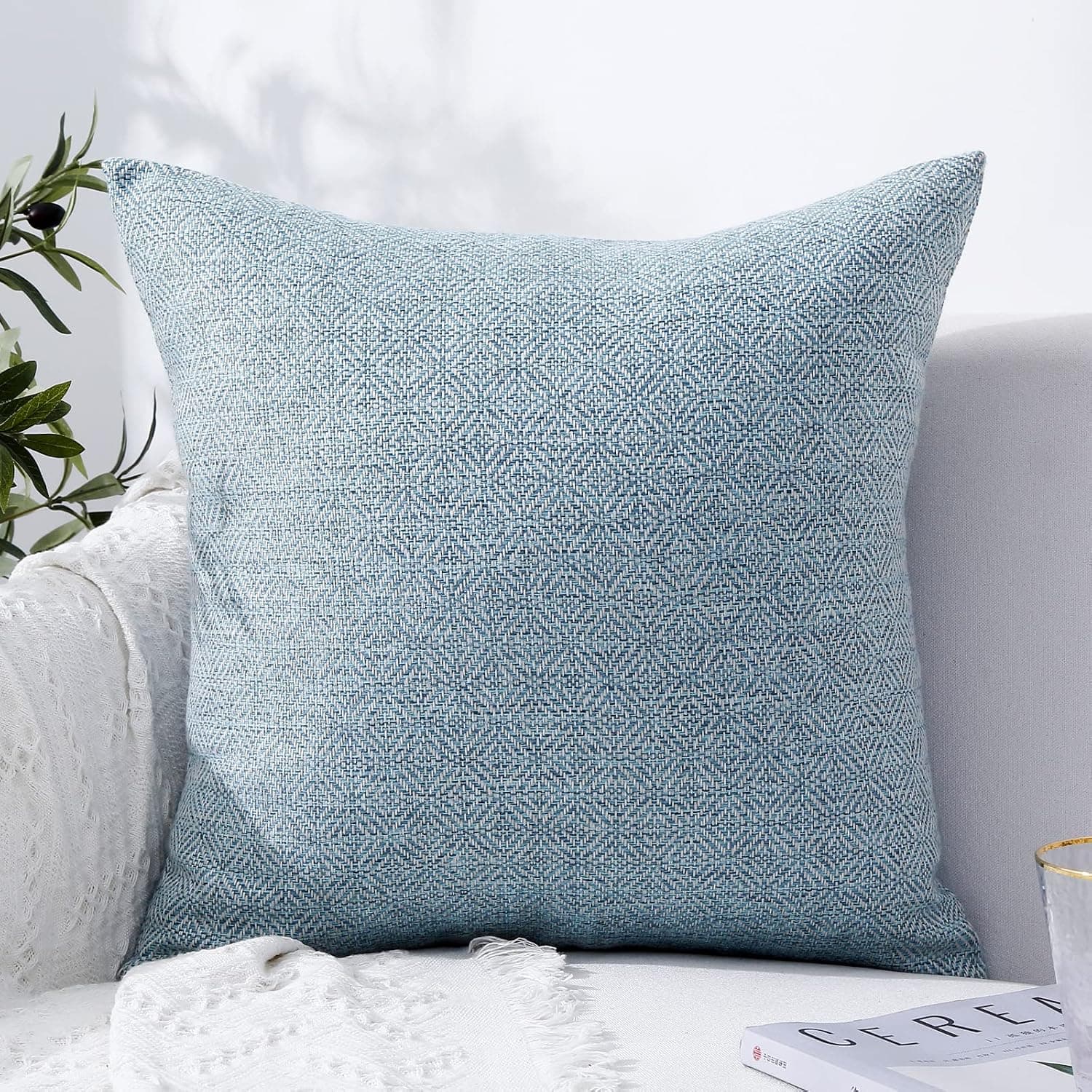 Jepeak Burlap Linen Throw Pillow Cover Rhombus Textured Cushion Case, Farmhouse Decorative Square Pillow Cover for Sofa Couch Bed (Light Cyan/Grey, 16 x 16 Inches)