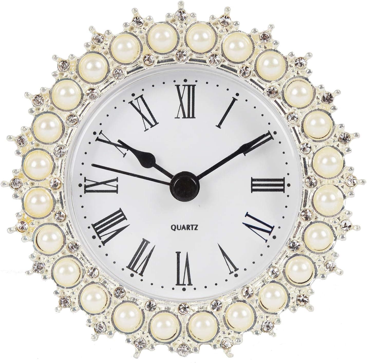 NIKKY HOME Small Table Clock with Faux Pearls Battery Operated for Living Room Decor Desk Shelf 3'', White