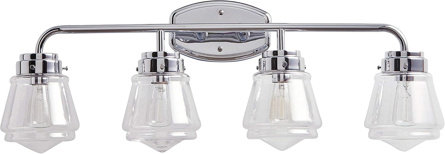 Amazon Brand – Stone & Beam Vintage Bathroom Vanity Fixture With 4 Light Bulbs And Glass Shade - 32.25 x 7 x 11.5 Inches, Chrome
