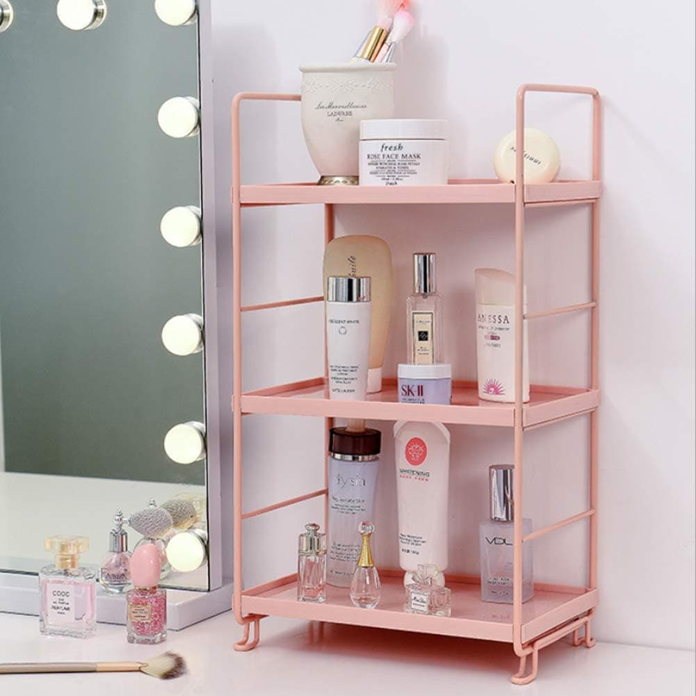 3-Tier Bathroom Countertop Organizer - Vanity Tray Cosmetic & Makeup Storage- Kitchen Spice Rack Standing Shelf - Corner Storage Shelf, Pink