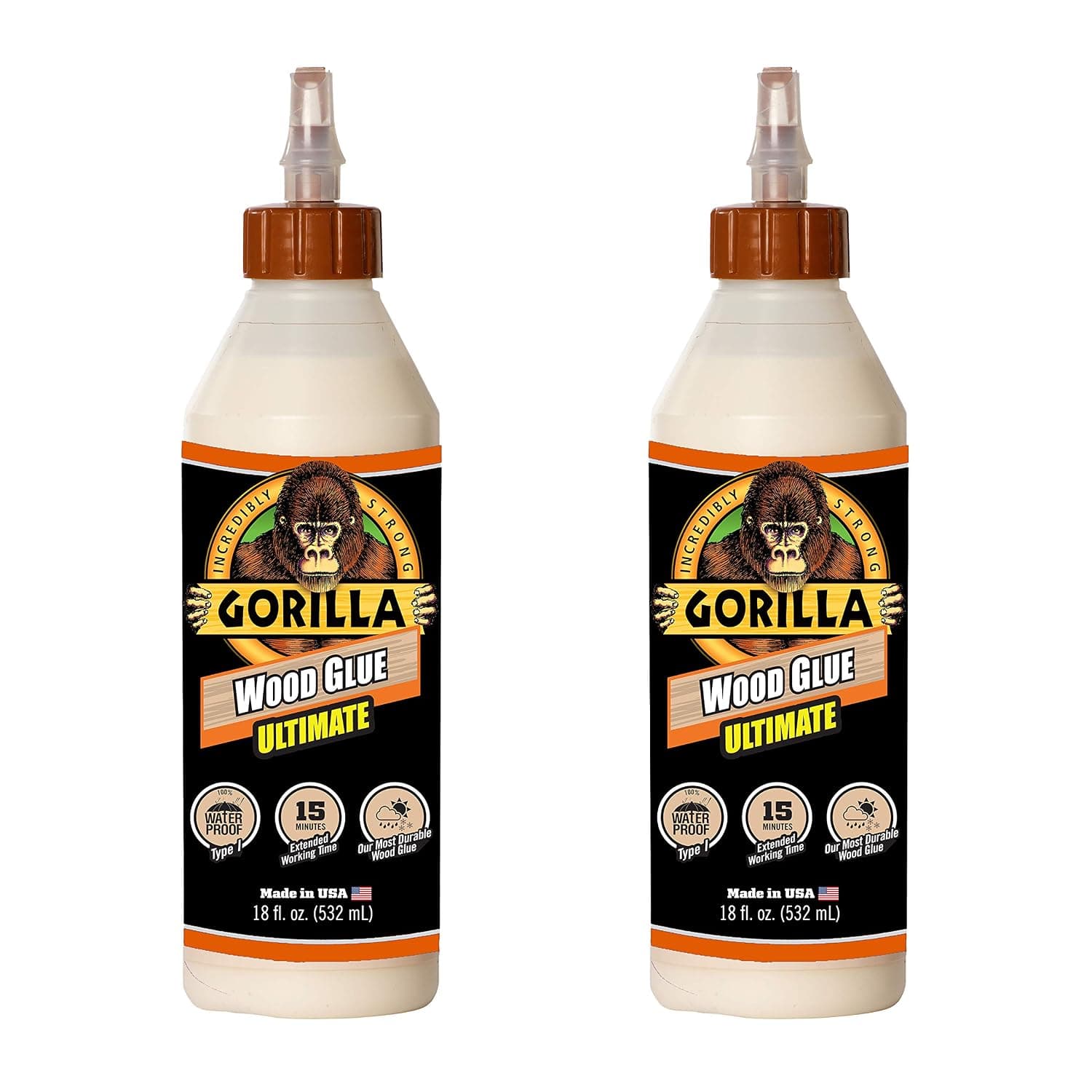 Gorilla Ultimate Waterproof Wood Glue, 18 Ounce, Natural Wood Color, (Pack of 2)