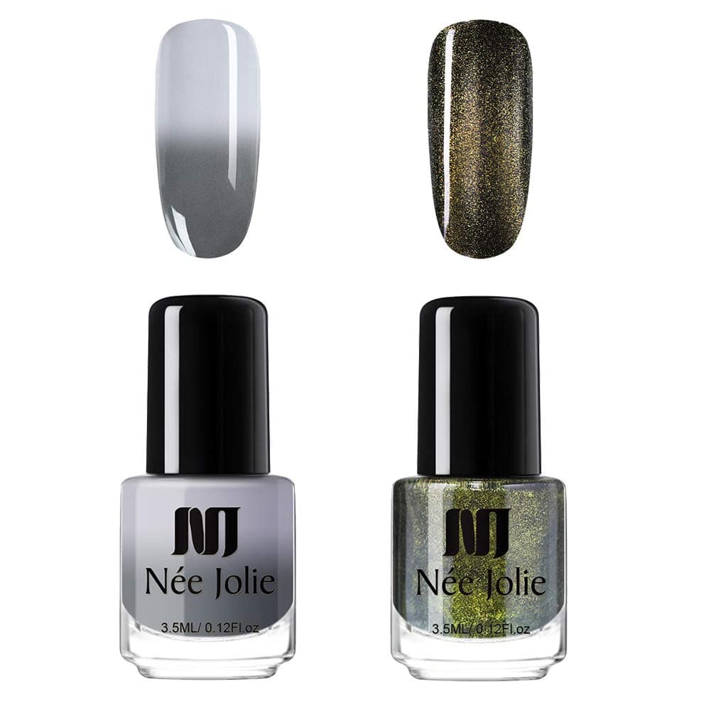 NEE JOLIE Nail Polish Set Thermal Nail Polish Color Changing Nail Varnish Black Glitter Manicure Nail Polish
