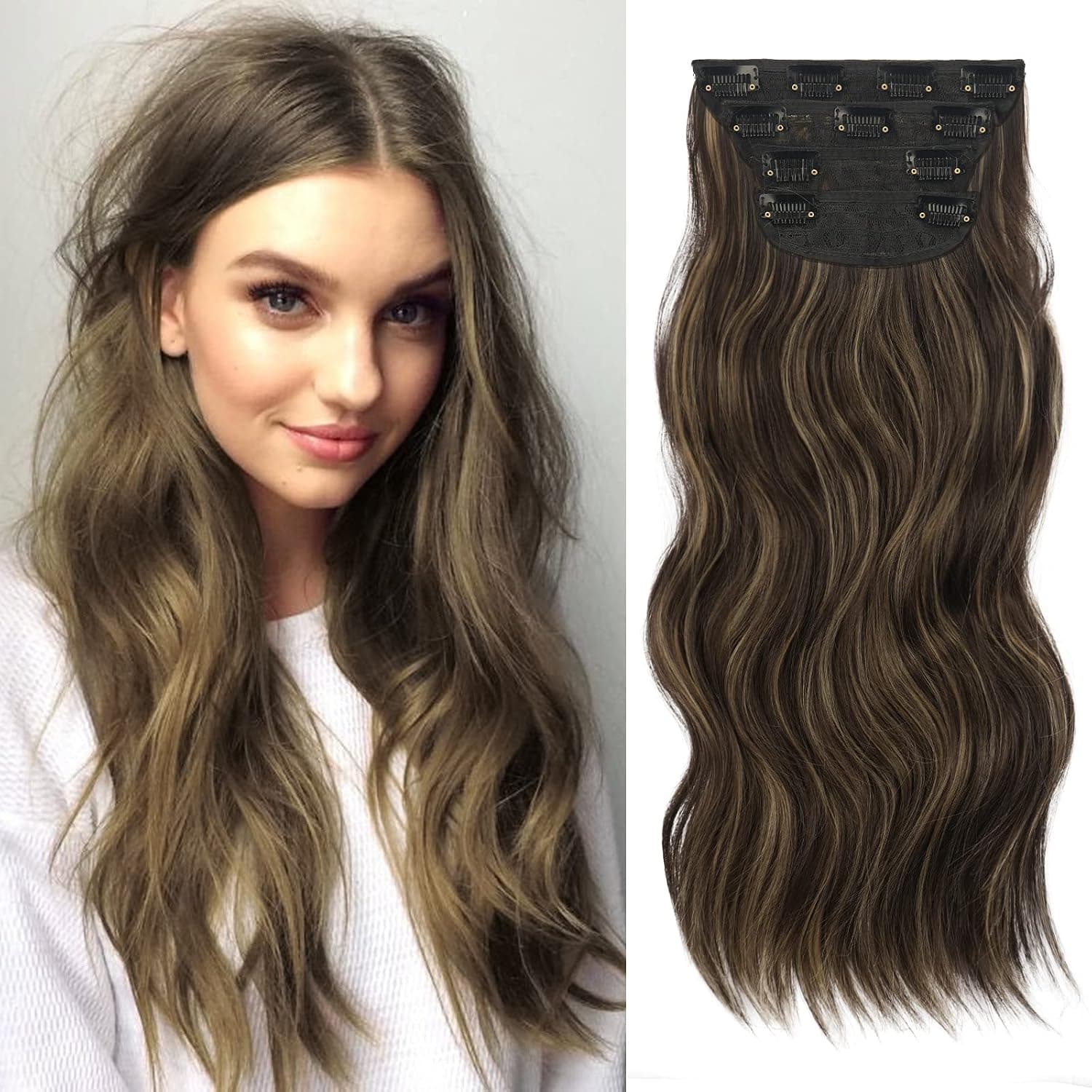 4PCS Clip in Hair Extensions Long Wavy Hairpieces for Women Synthetic Fiber Hair Extensions Clip ins Natural Thick Double Weft 20 Inches Chocolate Brown mix Caramel Blonde