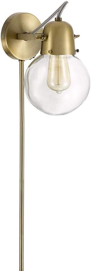 Amazon Brand – Rivet Mid-Century Modern Single Glass Globe Plug-In Wall Sconce With LED Light Bulb - 9.5 x 6.25 x 9.75 Inches, Gold Satin Brass - 21168-001