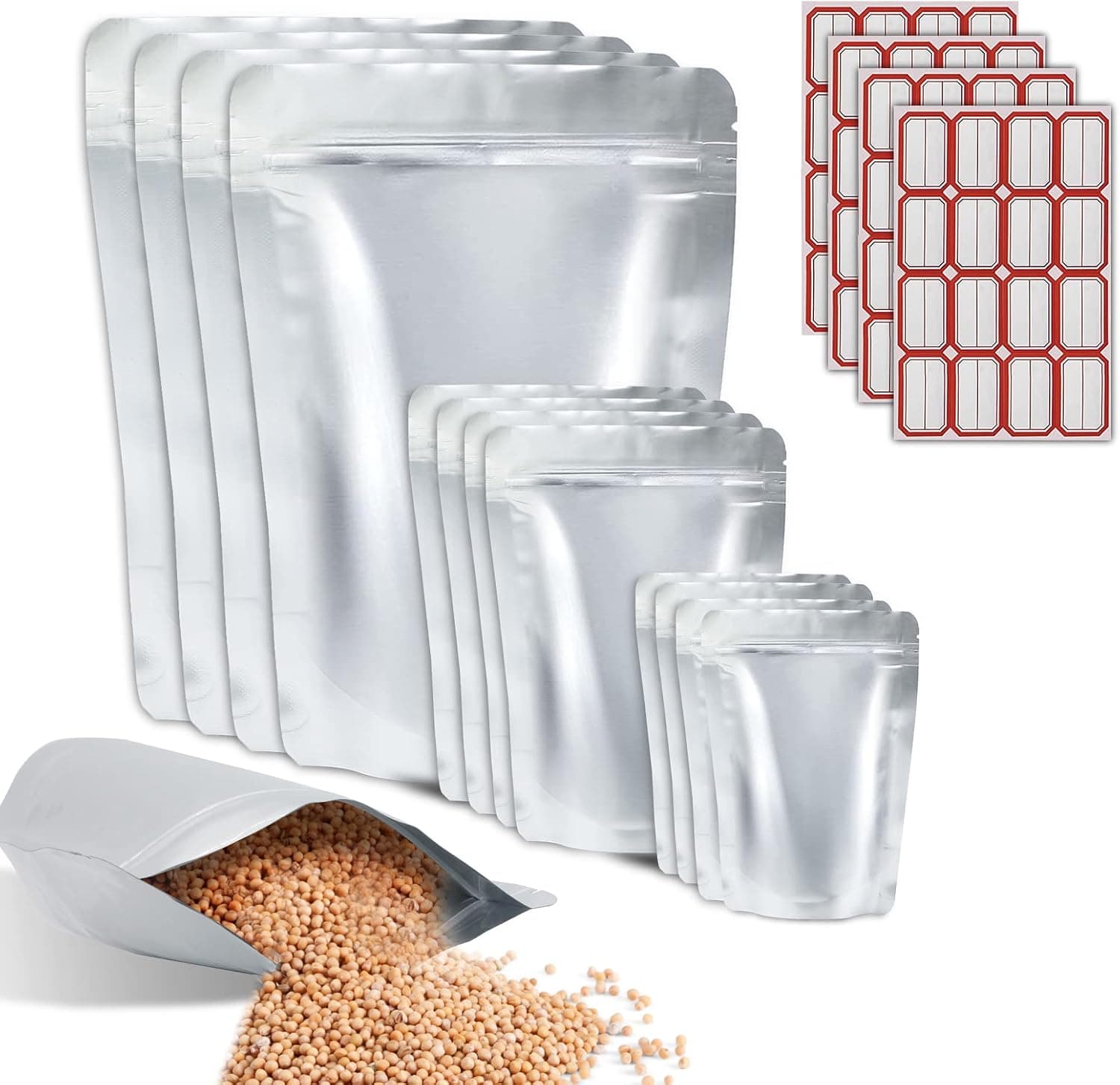 Surkat 100 Pack Mylar Bags for Food Storage, Mylar Ziplock Bags Heat Sealable Bags Large Food Storage Bags Stand-Up Zipper Pouches Resealable for Long Term Food Storage Bags with 120 Labels