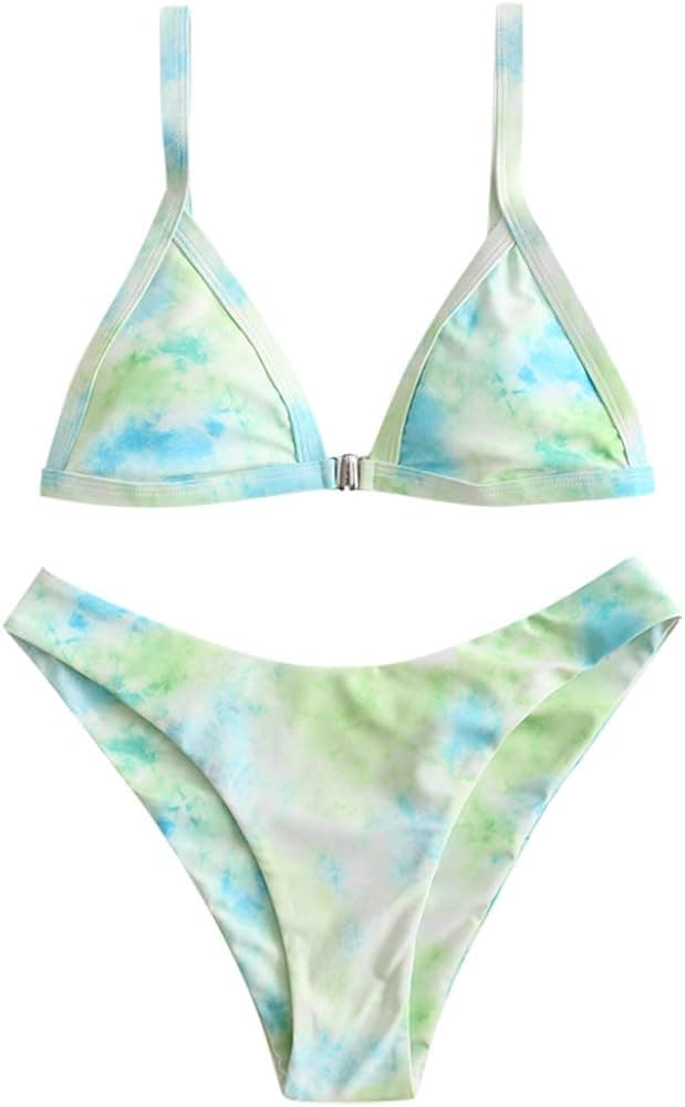ZAFUL Women's Straps Textured Ribbed Front Closure High Cut Bikini Set Swimsuit (ZB-Mint Green, S)